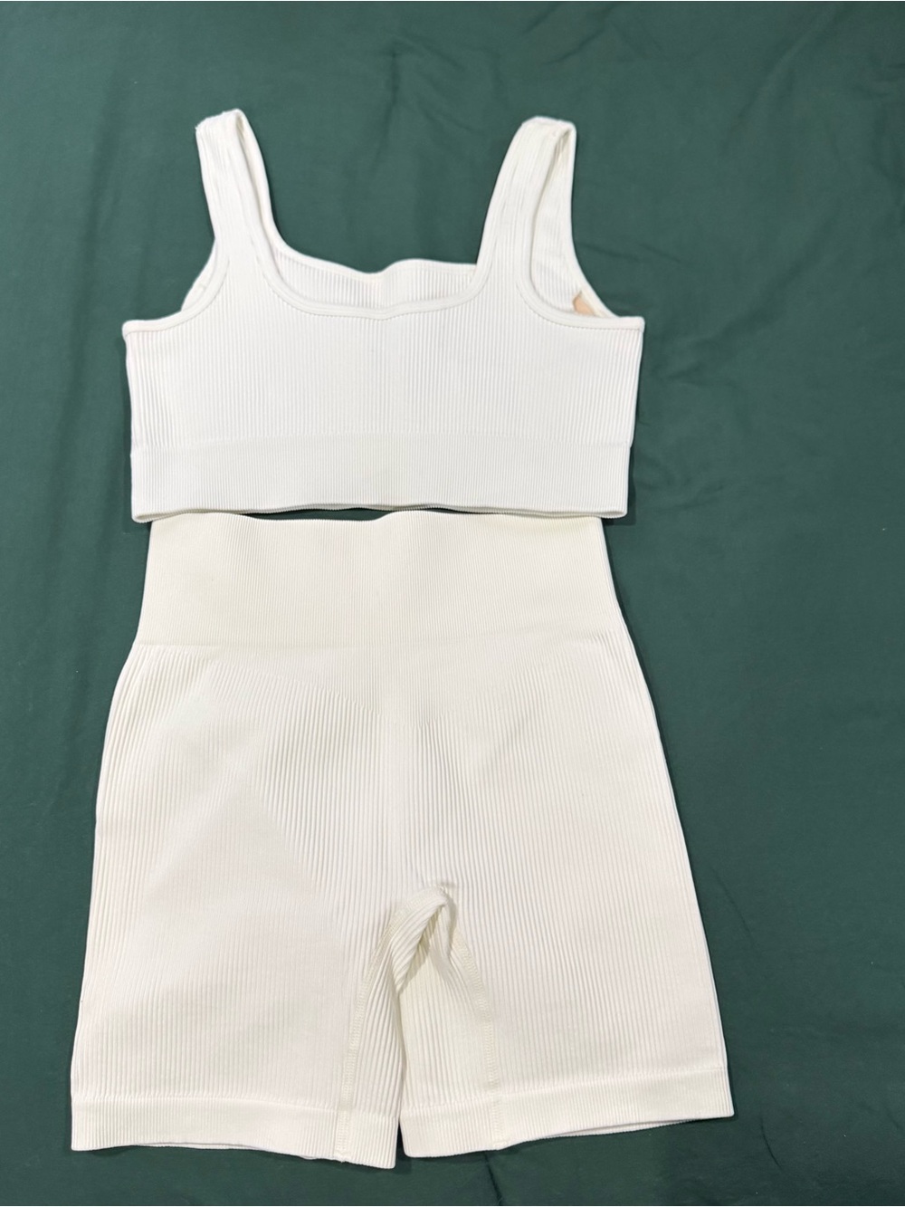 Amazon White Ribbed Sports Bra and High-Waist Biker Shorts Set - Picture 6 of 8